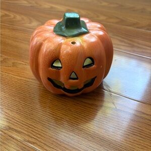 Vintage Orange Ceramic Jack o Lantern Candle Holder with Green Stem